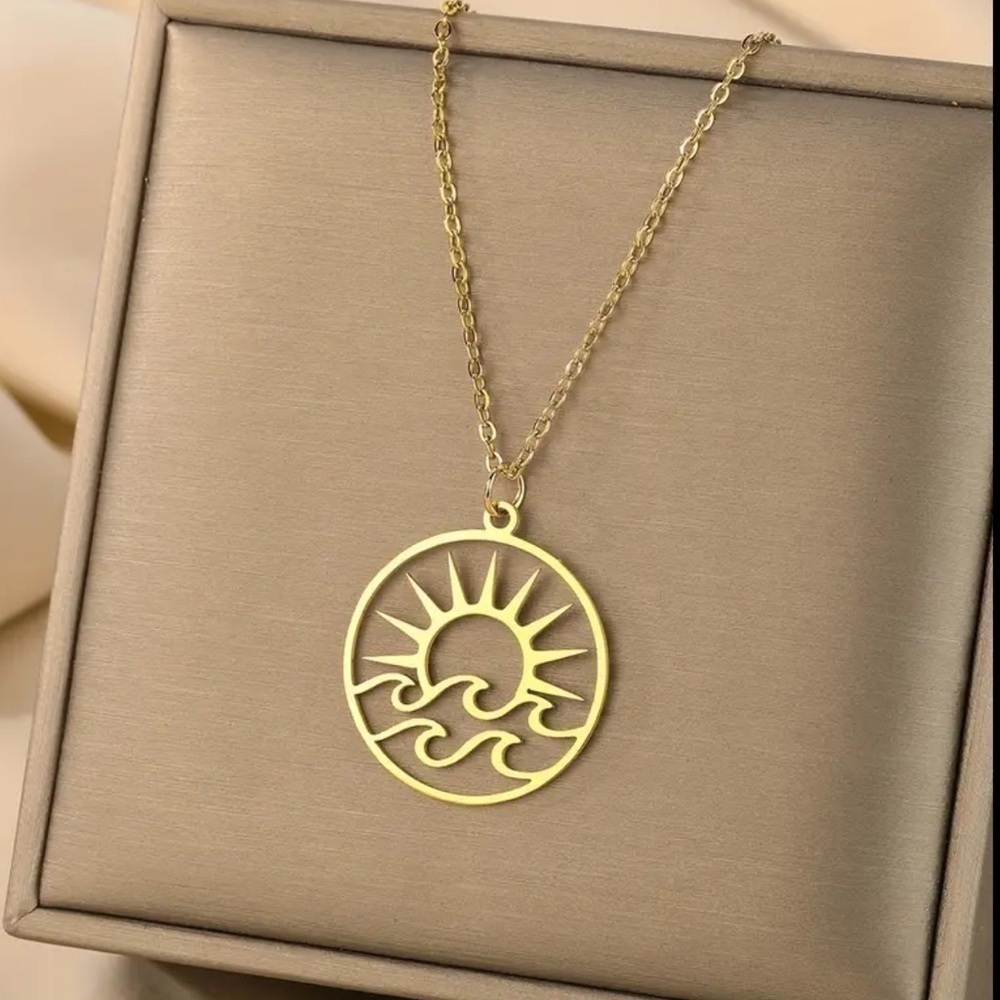 Gold Stainless Steel Sun Wave Pendant Necklace